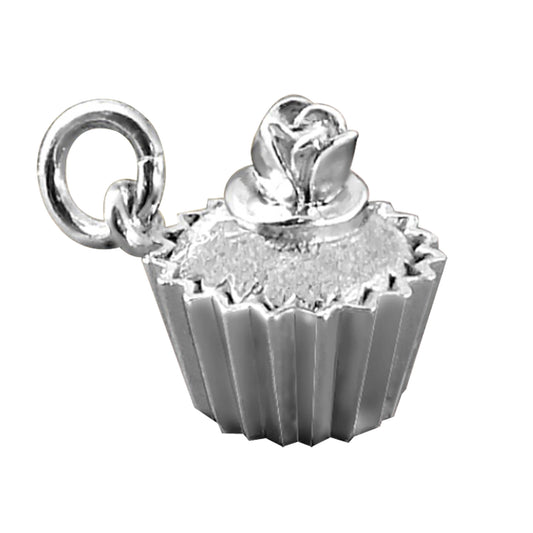 Sterling silver cupcake charm with rose decoration on a white background