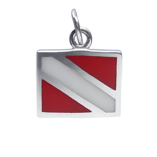 Sterling silver with read and white enamel diving flag charm on a white background