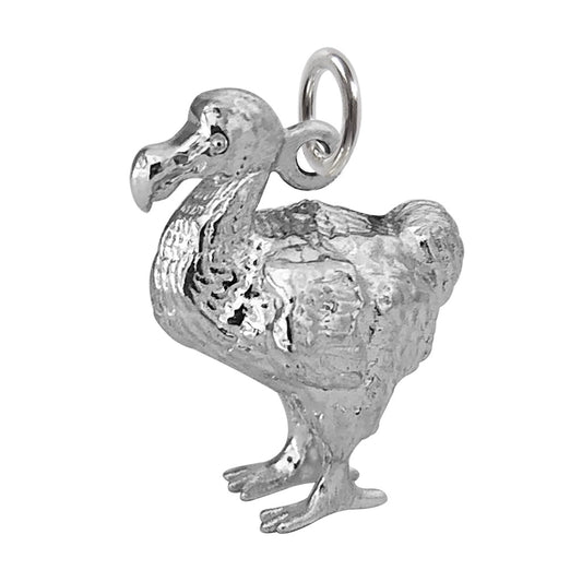 Sterling silver dodo charm on a white background