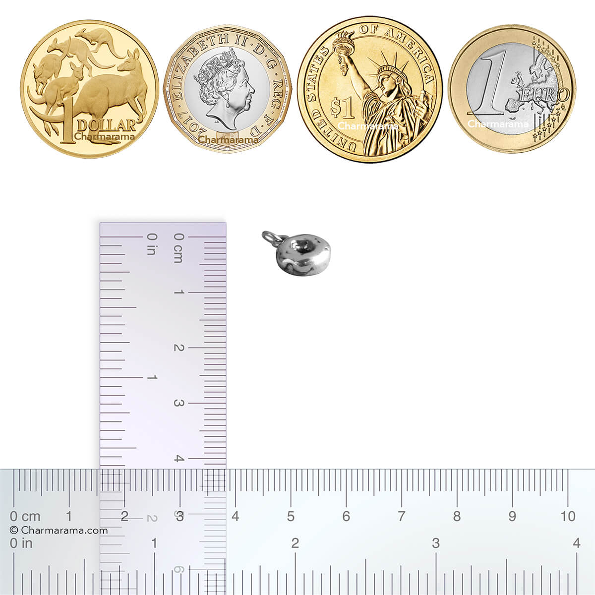 Sterling silver donut charm with coins and ruler on a white background