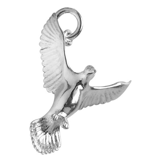 sterling silver flying dove charm on white background