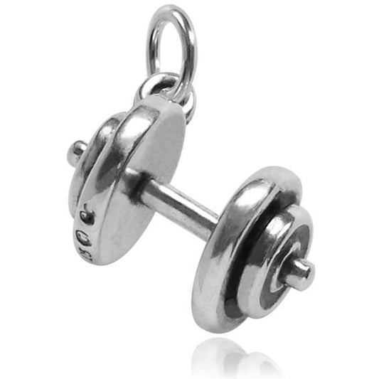 silver dumbbell charm on white background