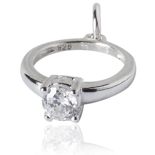 silver engagement ring charm with clear crystal on white background
