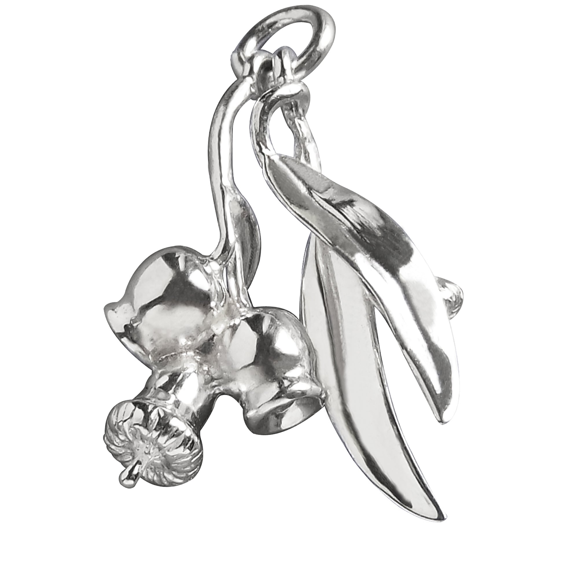 Sterling silver eucalyptus charm on a white background