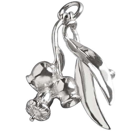 Sterling silver eucalyptus charm on a white background