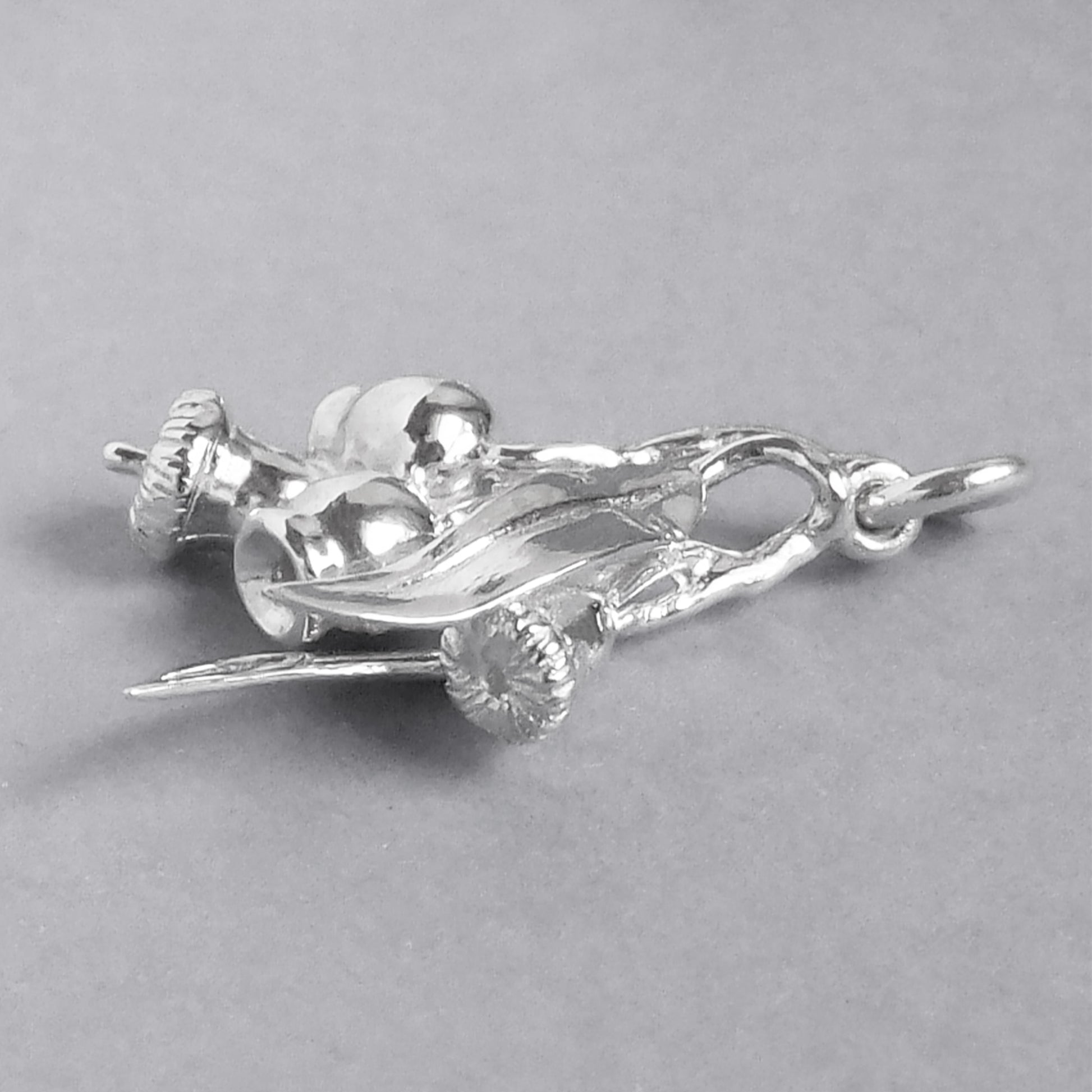 Sterling silver eucalyptus leaves and gum nuts charm on a grey background