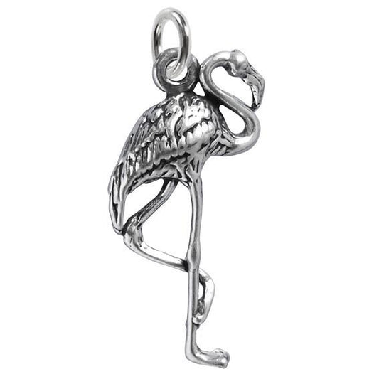 silver flamingo charm on white background
