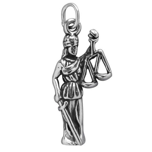 sterling silver lady justice charm on white background