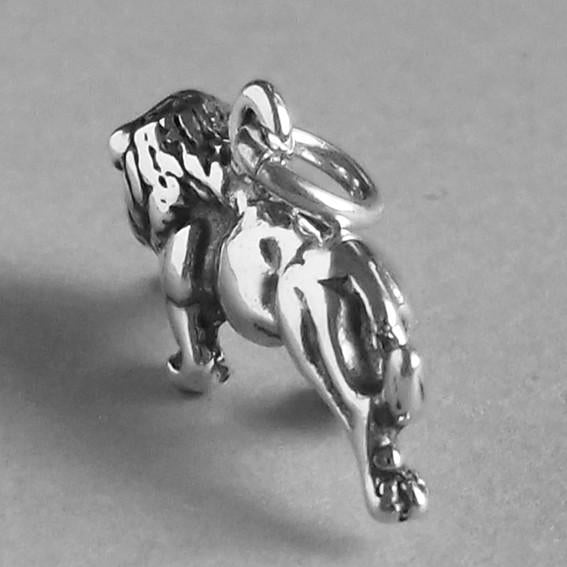 silver lion charm viewed from back on grey background