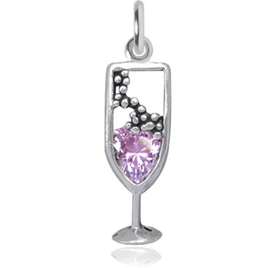 Sterling Silver Pink Crystal Champagne glass Charm on white background